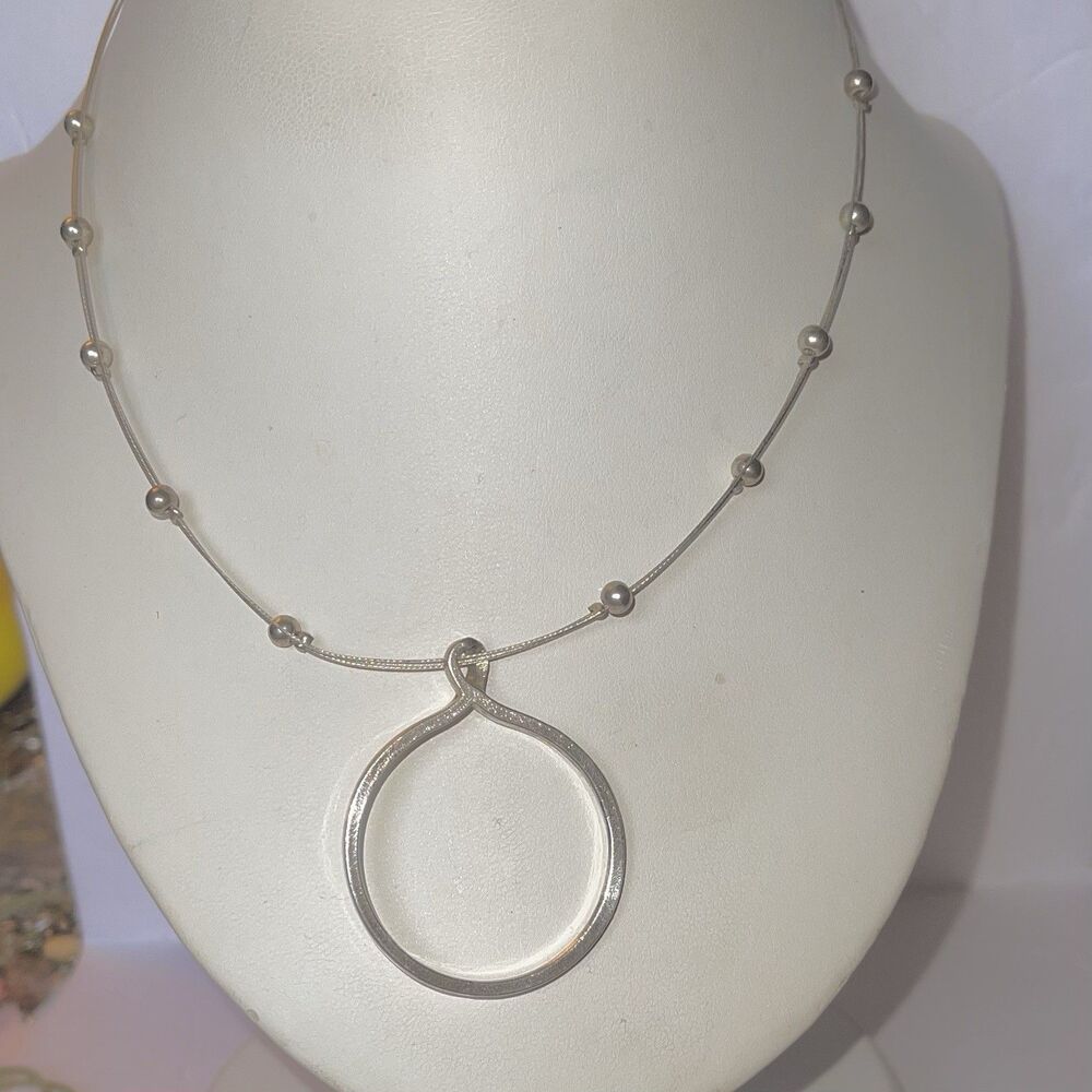 Silver Toned Necklace Wire Spacer Beads 1.7” Pendant Silver Tone Circle 15”Chain